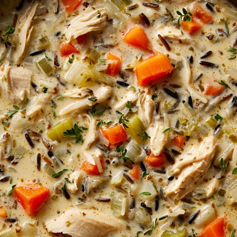 A bowl of creamy chicken and wild rice soup.