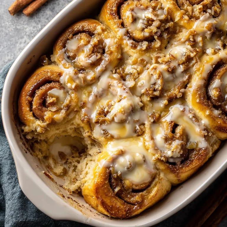 A cinnamon roll casserole in a white bowl.