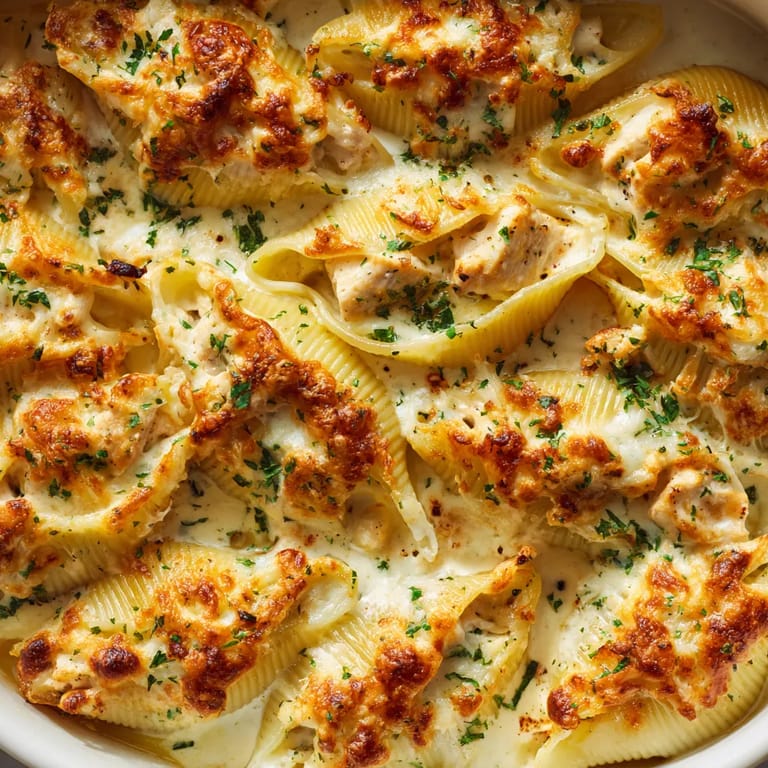A plate of chicken and garlic alfredo stuffed shells.
