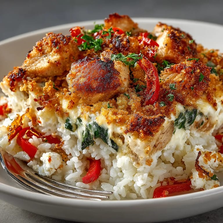 A plate of food with rice, chicken, and feta cheese.