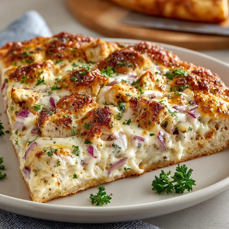 A slice of garlic alfredo chicken pizza.