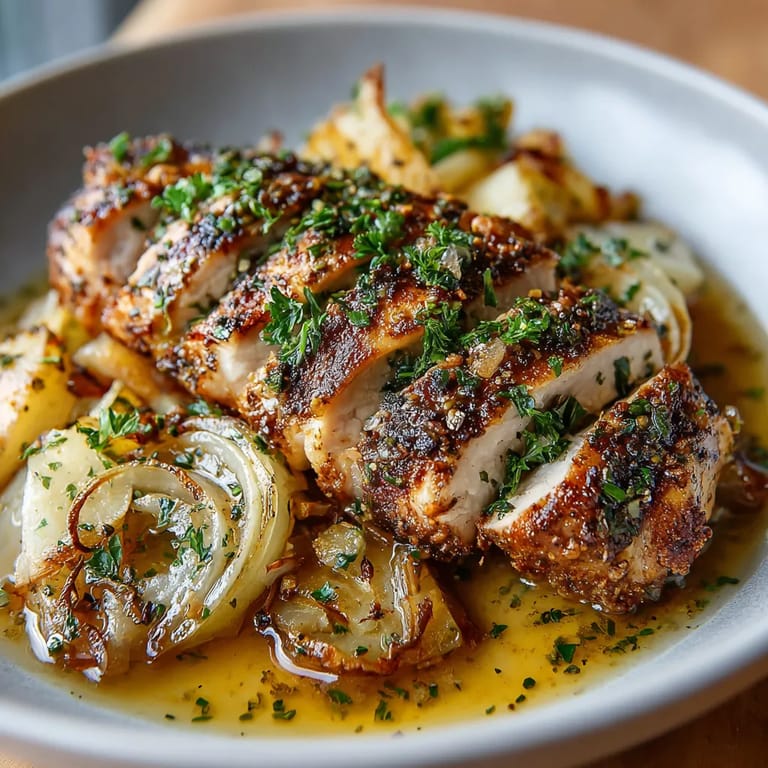 A plate of chicken with onions and herbs.
