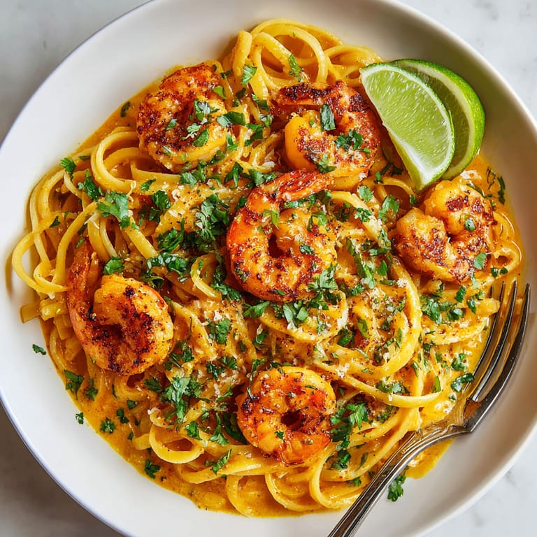 A plate of shrimp and pasta.