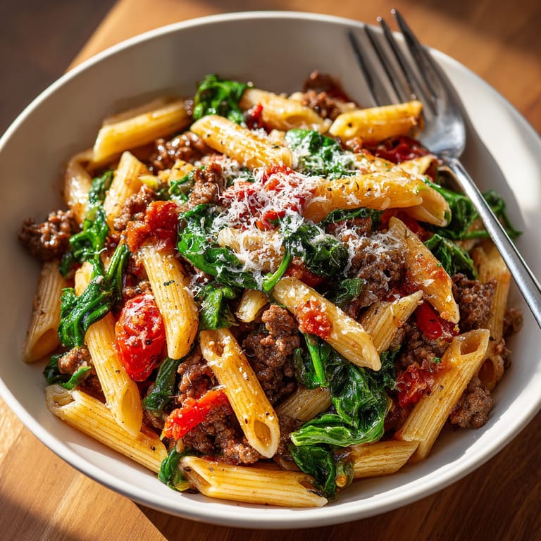 A bowl of pasta with ground beef and spinach.