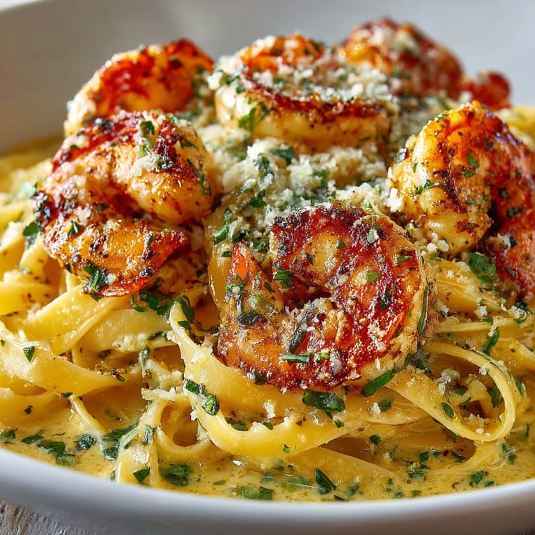 A plate of shrimp and pasta.