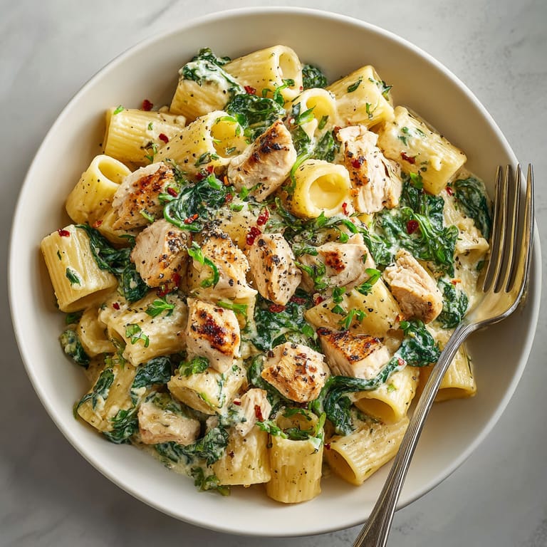 A bowl of pasta with chicken and spinach.