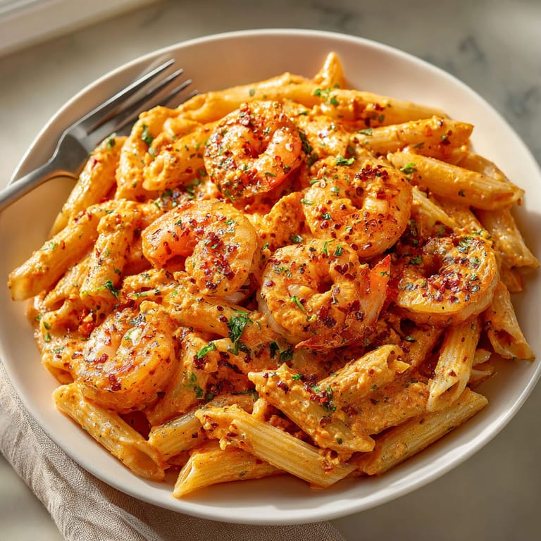 A plate of shrimp pasta with a fork on it.