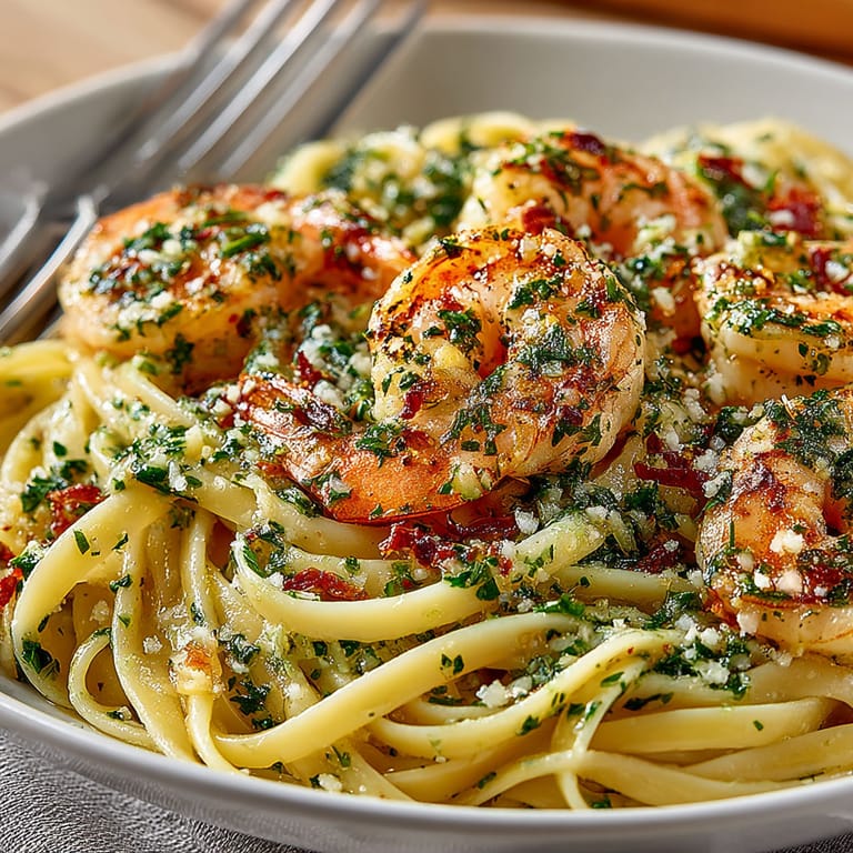 A plate of shrimp and pasta.