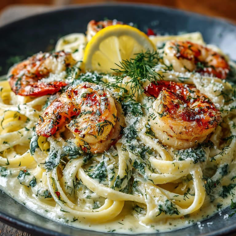A bowl of creamy lemon-dill shrimp fettuccine.