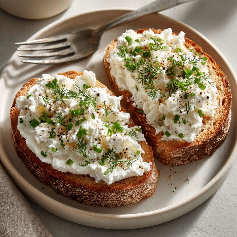 Two pieces of garlic and herb cottage cheese toast.