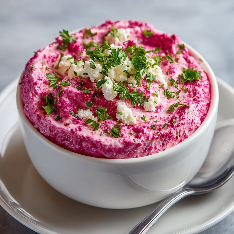 A bowl of beet and feta dip.