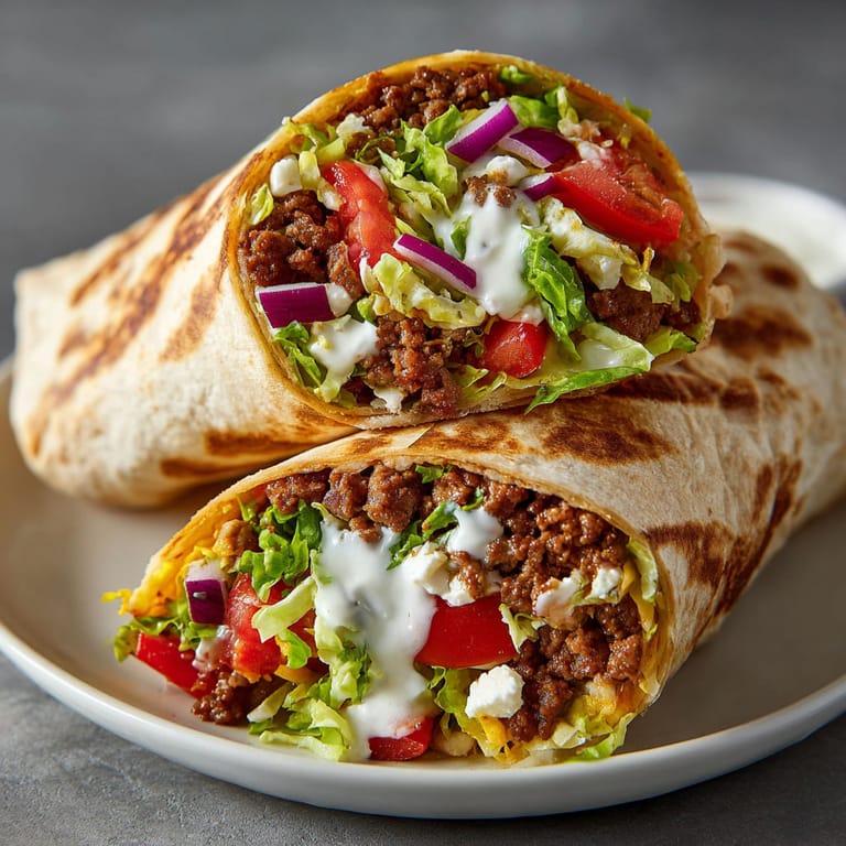 A plate with two beef and feta cream wraps.