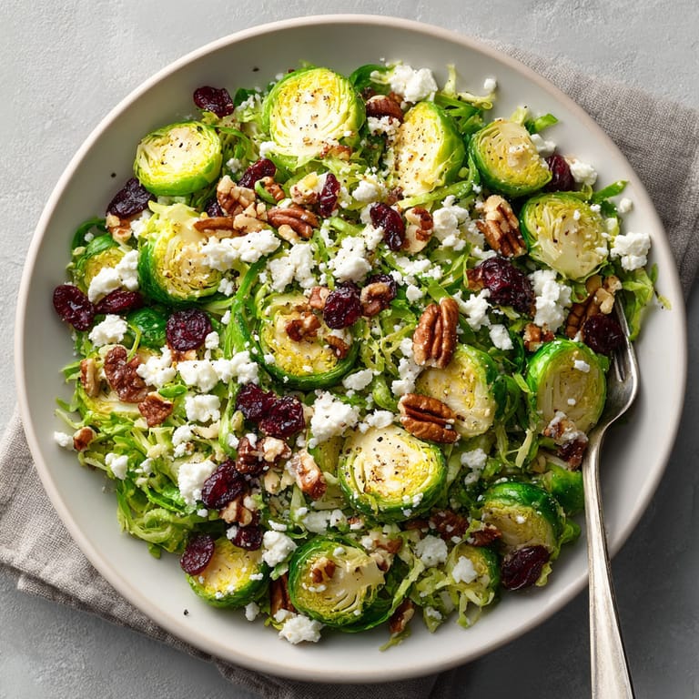 A plate of shaved brussels sprout salad with feta and walnuts.
