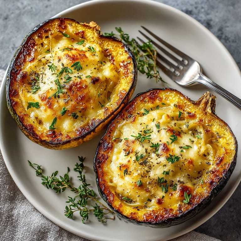 Two slices of baked squash with cheese and herbs.