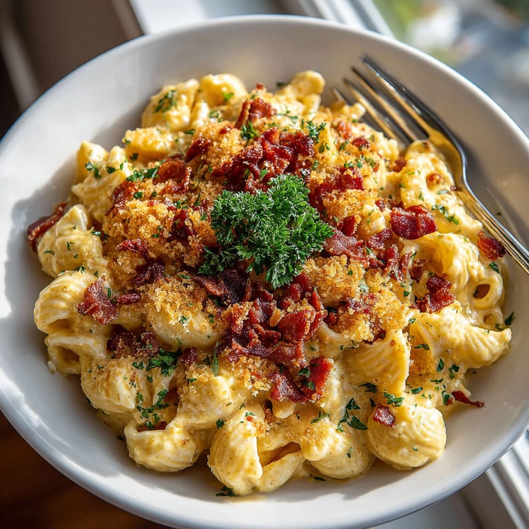 A plate of macaroni and cheese with bacon.