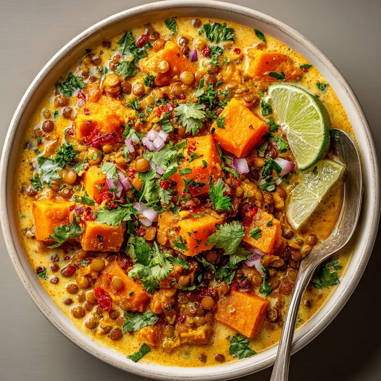 A bowl of soup with a spoon in it.