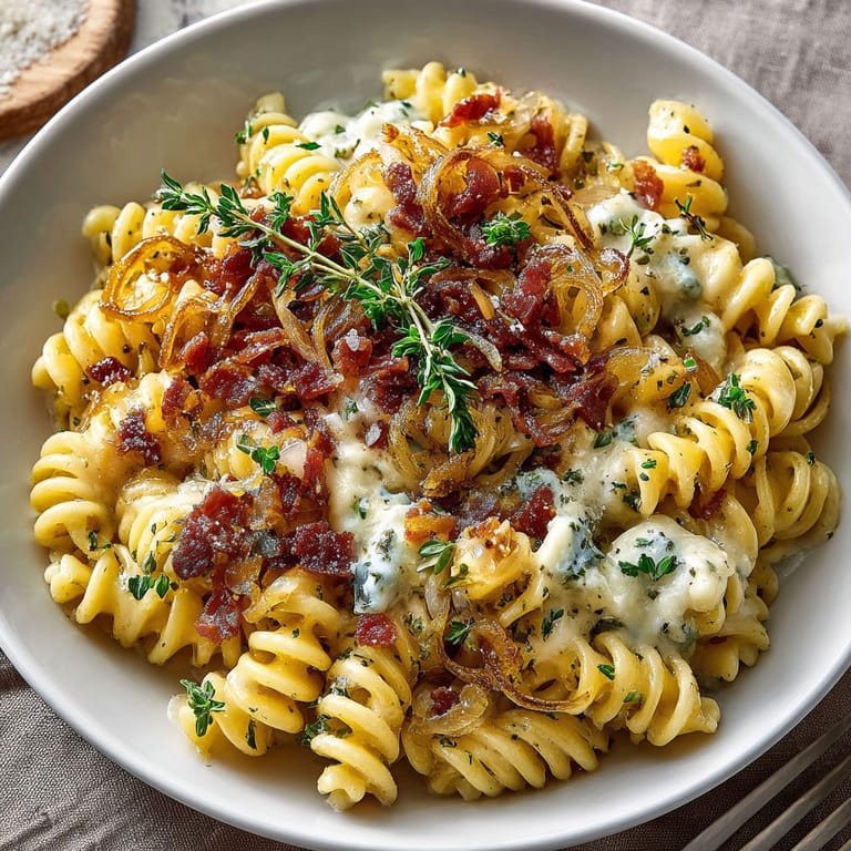 A bowl of pasta with bacon and cheese.