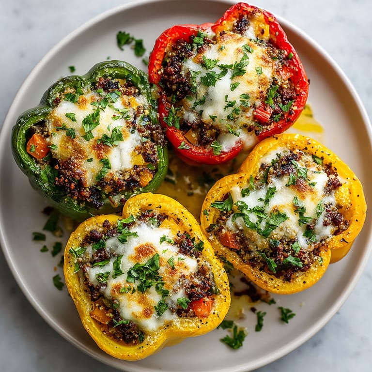 A plate of stuffed bell peppers with ground turkey and wild rice.