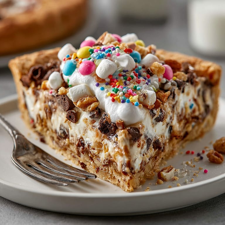 A slice of pie with marshmallows and chocolate chips.