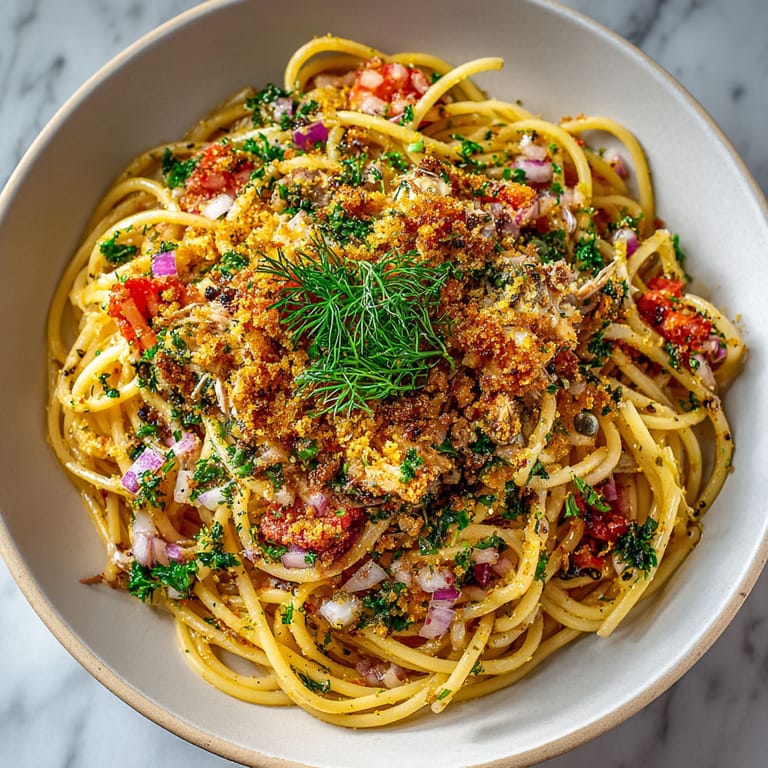 A bowl of pasta with tomatoes, onions, and herbs.