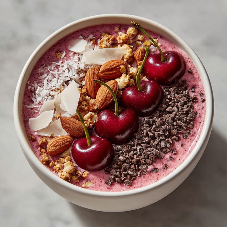 A bowl of food with cherries and almonds.