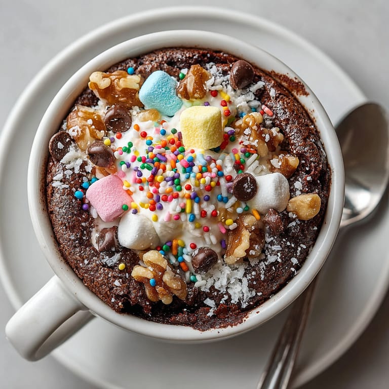 A cup of chocolate cake with marshmallows and candy on top.