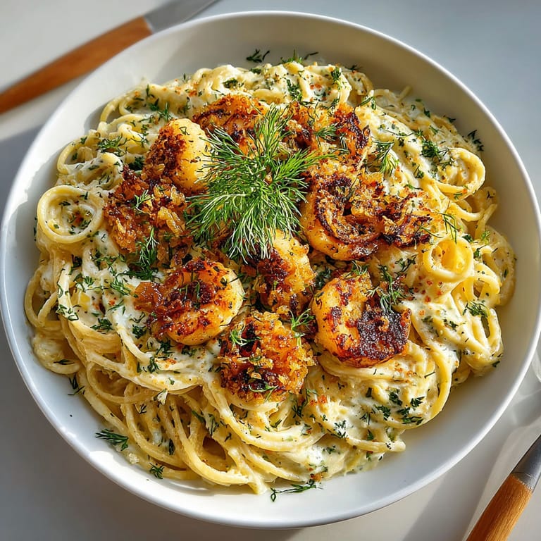 A bowl of pasta with shrimp and garlic.