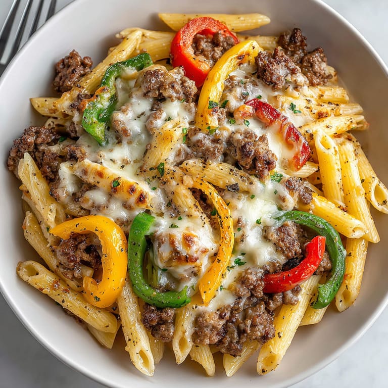 A plate of pasta with meat and vegetables.