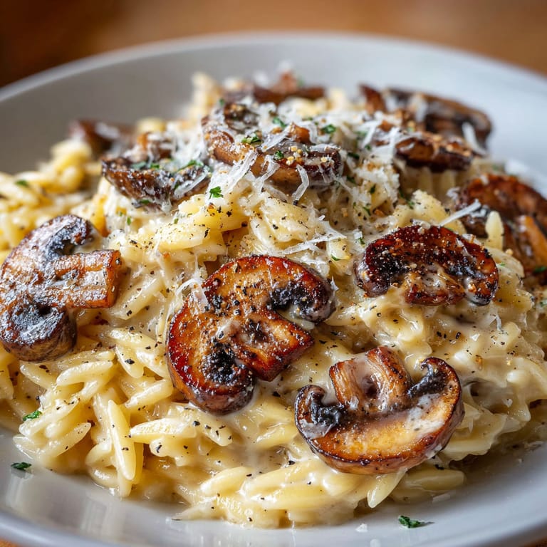 A plate of pasta with mushrooms and cheese.