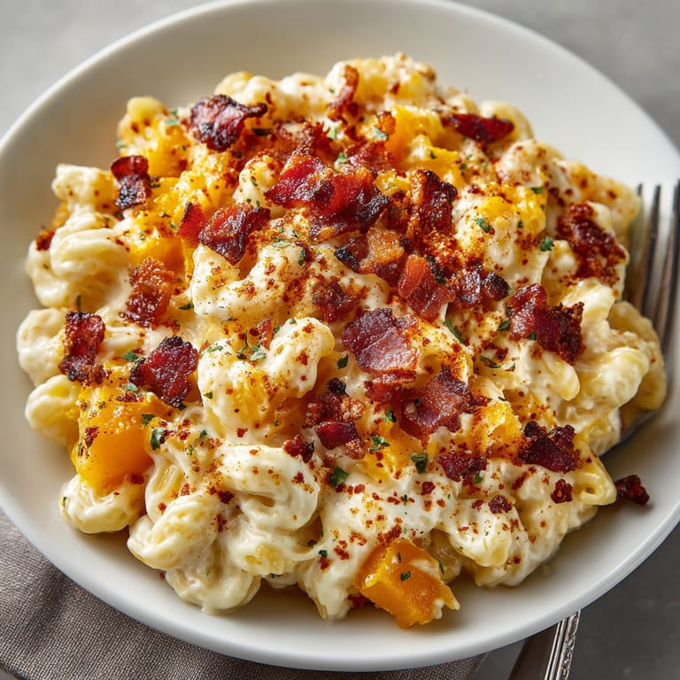 A plate of mac and cheese with bacon.