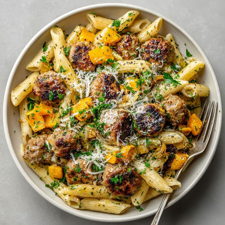 A bowl of pasta with meatballs and cheese.