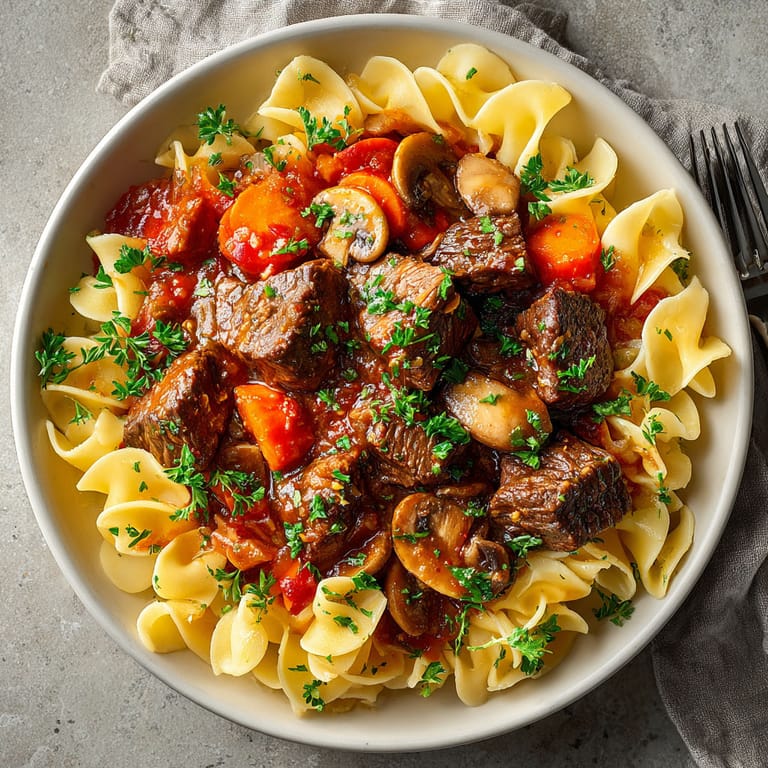 A bowl of pasta with meat and mushrooms.