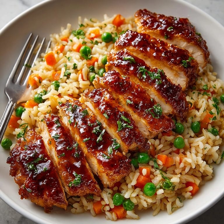 Honey BBQ Chicken &amp; Pilaf Express plated with golden rice, peas, and carrots, garnished attractively.