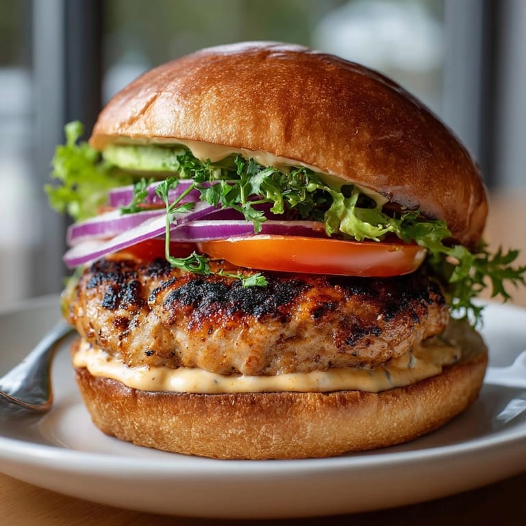 Grilled spicy turkey burgers stacked high with honey chipotle sauce and vibrant burger fixings.