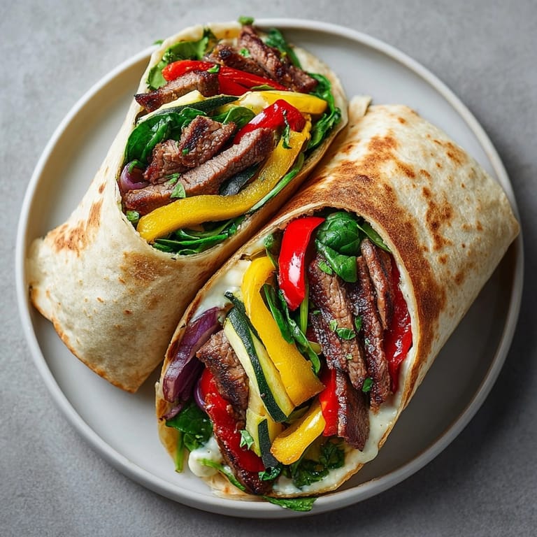 Close-up of Pepper Steak Wraps with Roasted Vegetables, creamy hummus spread peeking out.