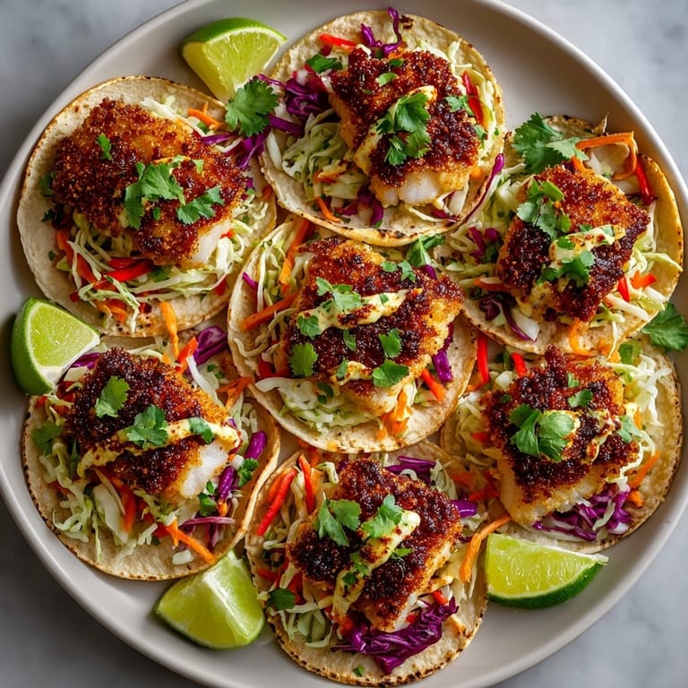 Close-up of Crispy Cod Tacos with Lime-Cilantro Sauce drizzled over crunchy fish and zesty fillings.