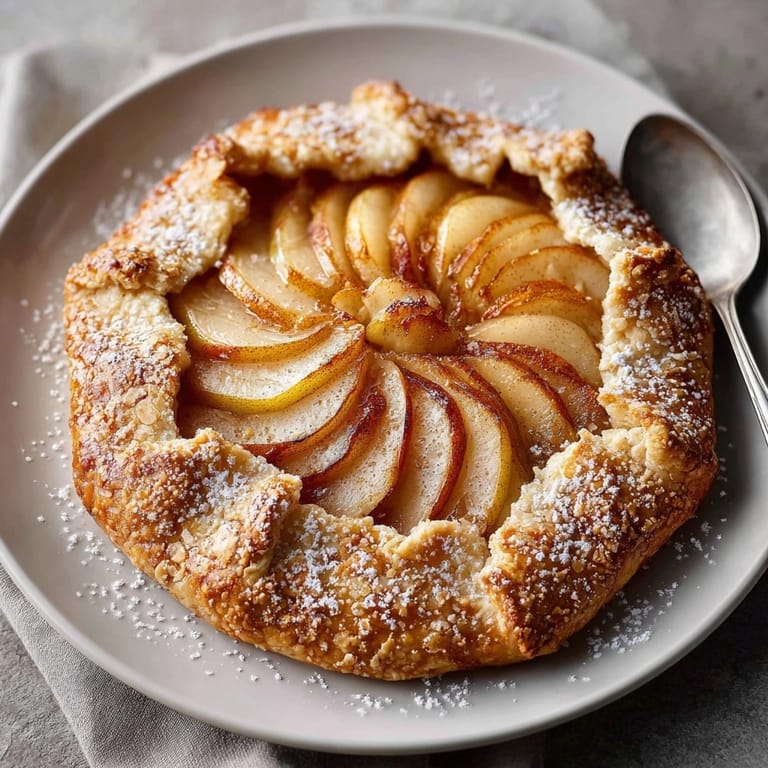 Slice of rustic pear-almond cinnamon galette served warm, revealing almond filling and tender pears.