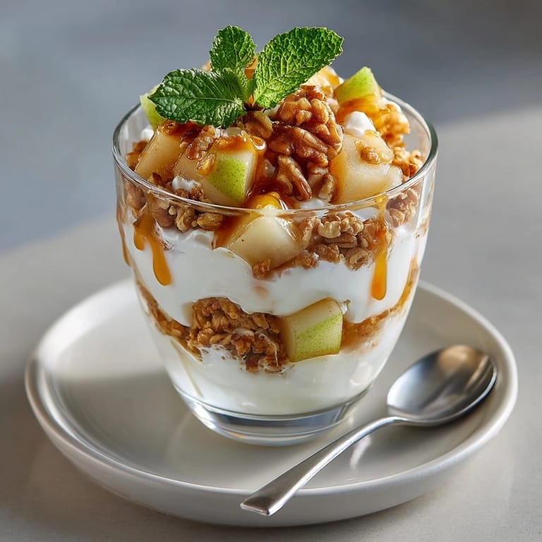 Close-up of Vanilla Yogurt &amp; Pear Breakfast Parfaits showing creamy yogurt, diced pears, and crunchy granola.