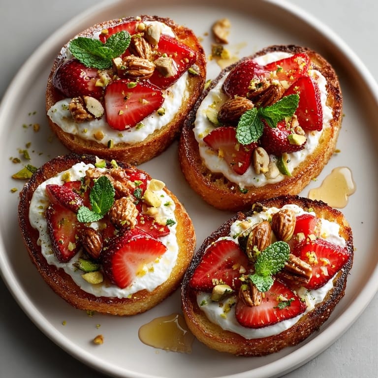 Golden toast topped with ricotta, juicy strawberries, and nut crunch, perfect for breakfast.