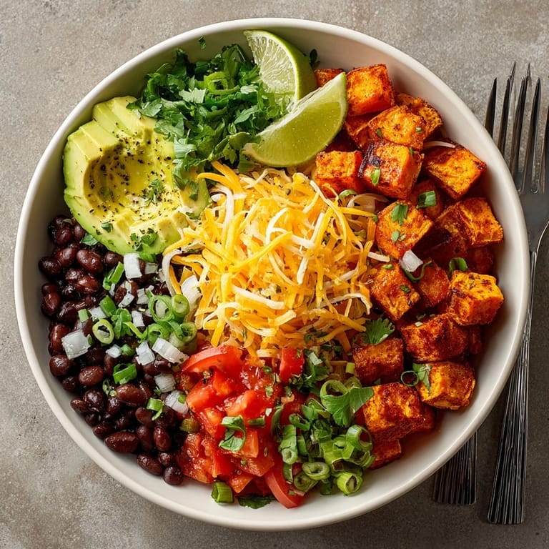 Vibrant Sweet Potato Black Bean Cheddar Morning Bowl served with lime wedges and sliced green onions.