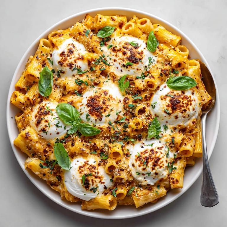 Golden-Dusk Pumpkin Burrata Baked Ziti layered with melty cheese and topped with vibrant basil leaves.