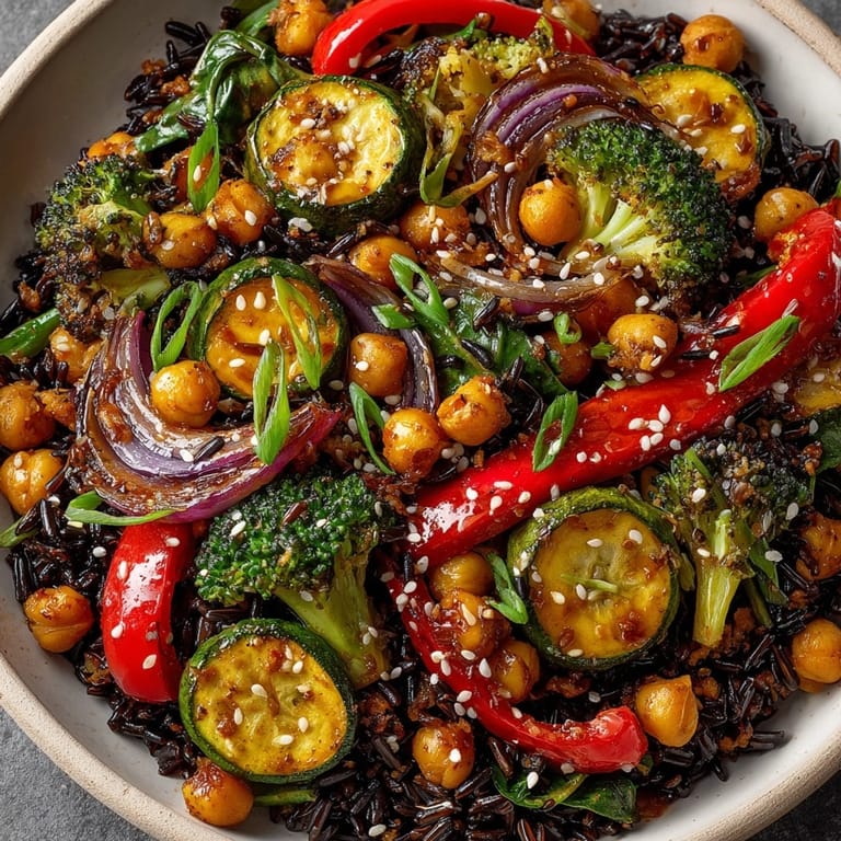 Hearty wild rice chickpea veggie skillet with miso sauce, broccoli, and spinach in a warm pan