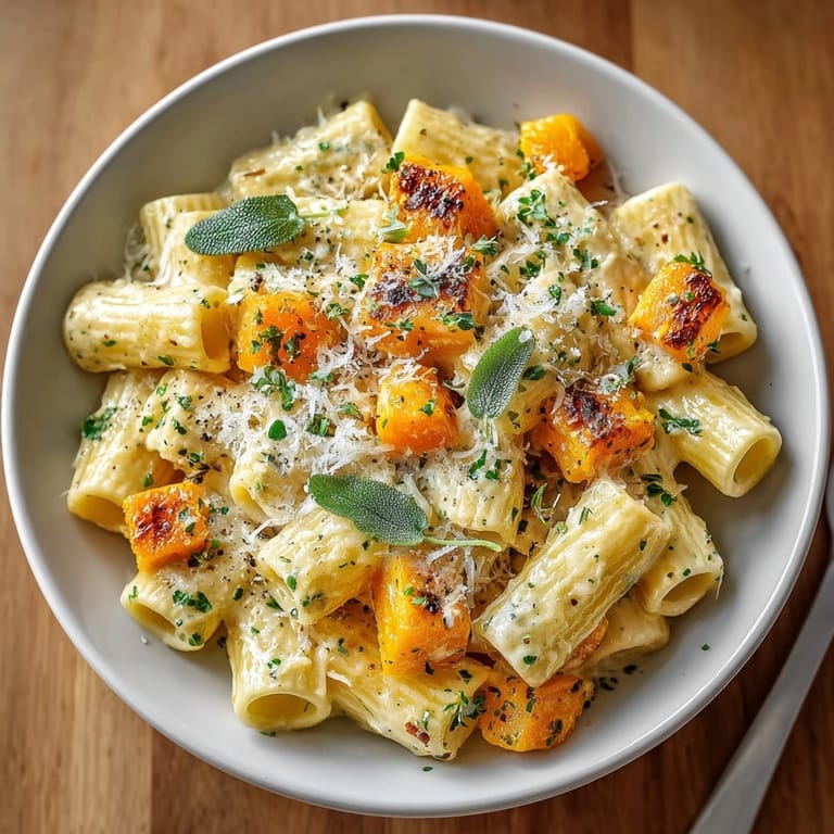 Fresh one-pot creamy butternut squash &amp; sage pasta garnished with parmesan and rustic herbs