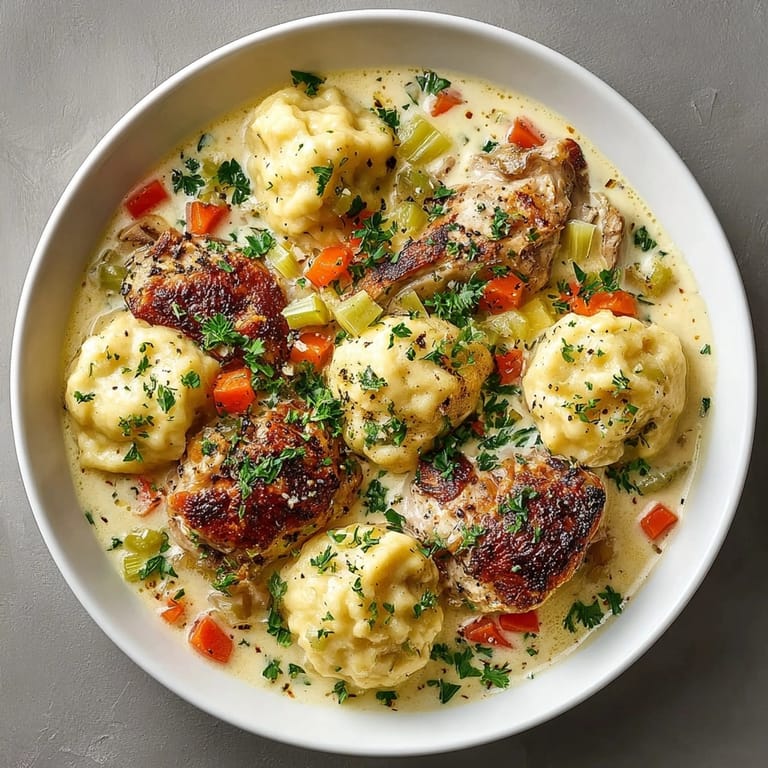 Southern Chicken &amp; Dumpling Comfort Skillet steaming with tender chicken, vegetables, and golden dumplings.