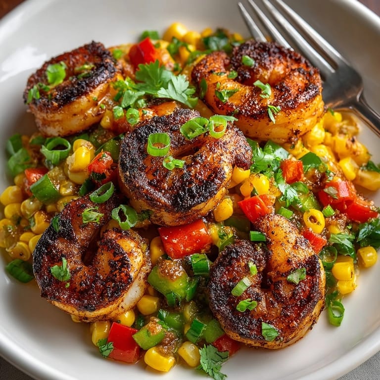 Juicy Cajun Shrimp Skillet with Charred Corn served hot, smoky and colorful on the table