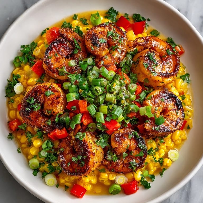 Close-up of Cajun Shrimp Skillet with Charred Corn, vibrant veggies and steamy shrimp ready to eat
