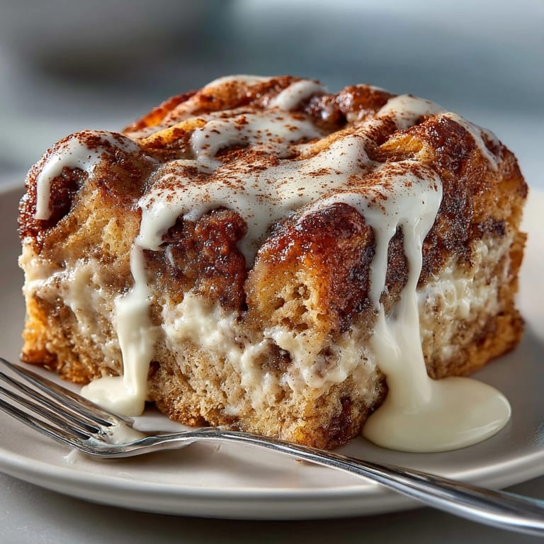 Freshly baked Cinnamon Roll French Toast Casserole topped with creamy drizzle and cinnamon sugar