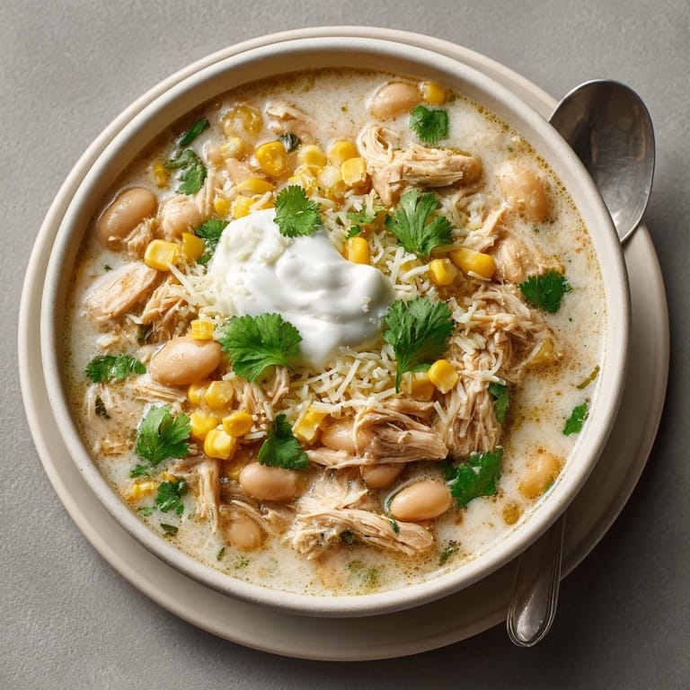 Warm bowl of Ghostly White Chicken Chili, topped with sour cream and cheese.