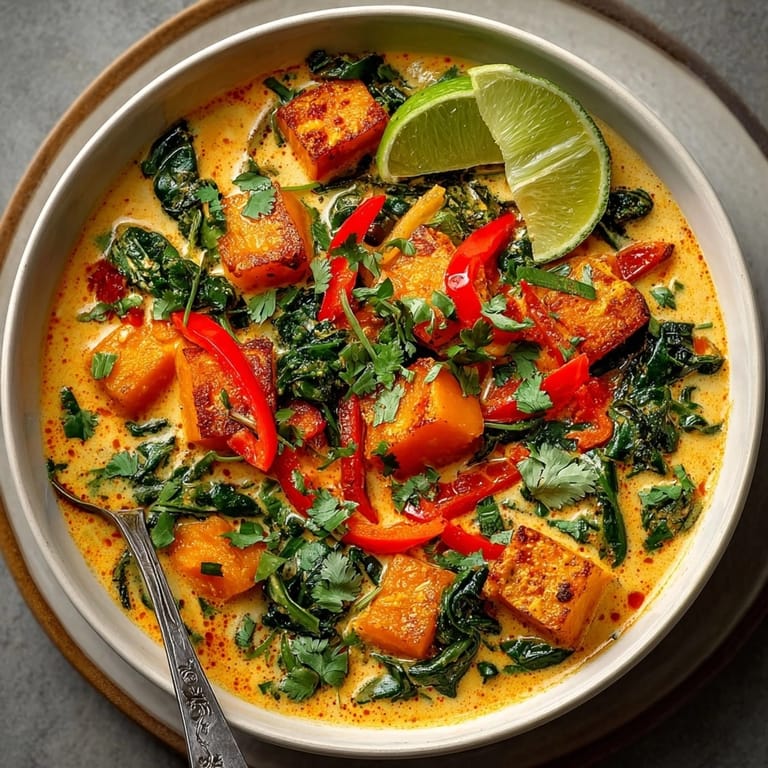 Delicious vegan pumpkin curry with coconut milk, ready to be enjoyed with fluffy rice.