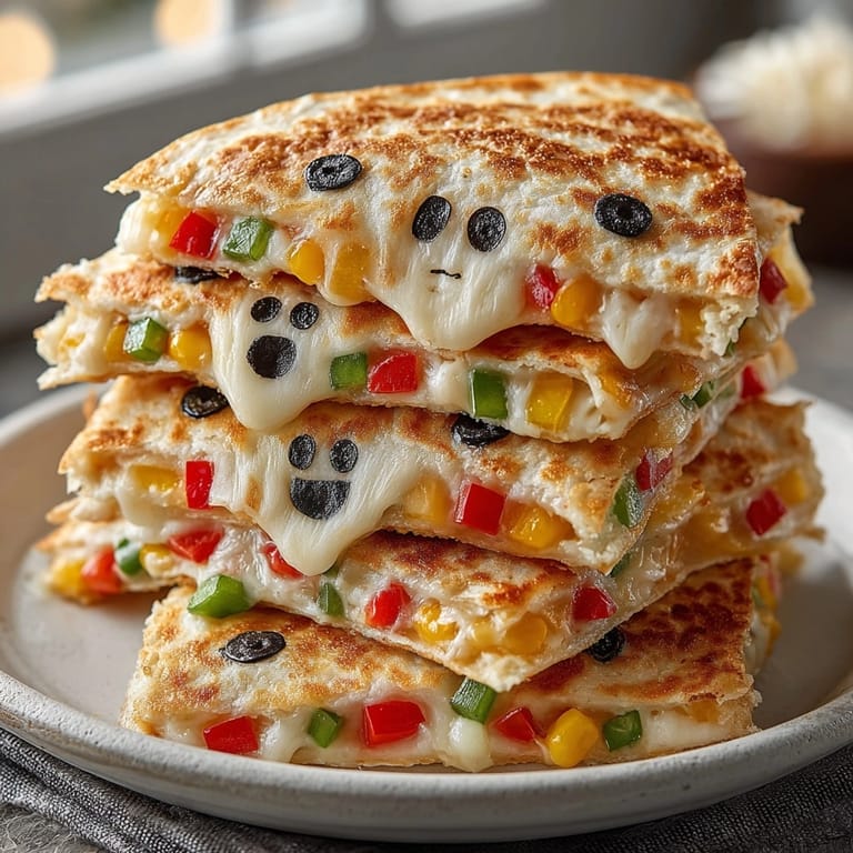 Warm, melty Ghost Quesadillas: tortilla ghosts stuffed with cheddar, a fun Halloween appetizer.